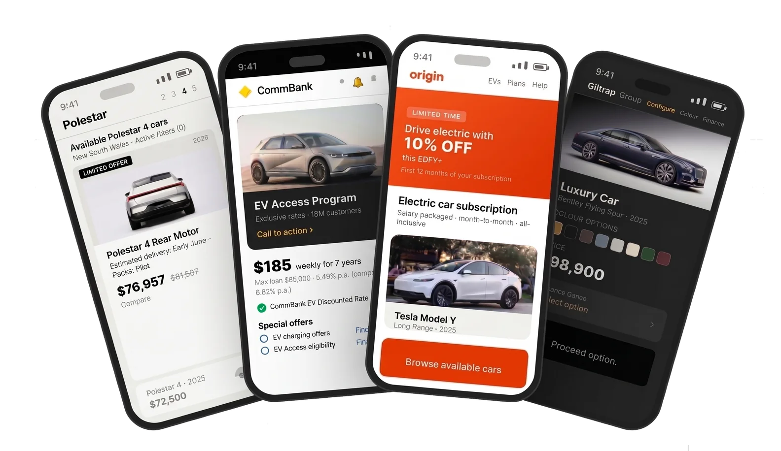 EVIO marketplace storefronts — Polestar, Commonwealth Bank, Origin Energy, Giltrap